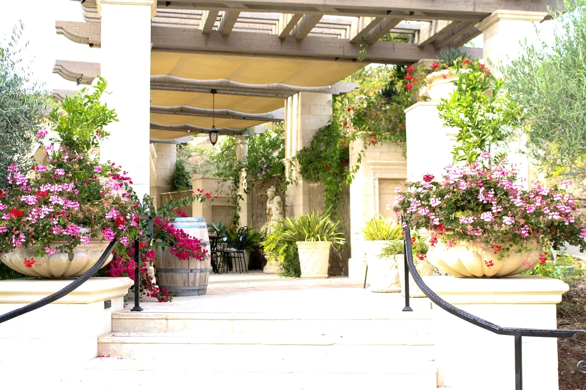 Überdachte Terrasse mit Blumenkübeln und Sitzgelegenheit